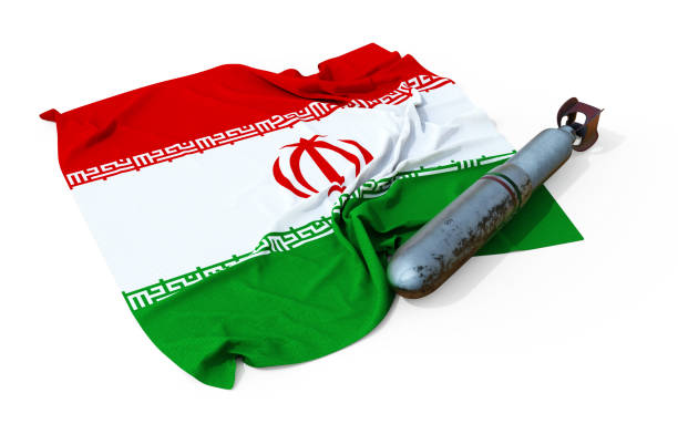 Concept of war between USA and Iran. 3d illustration Iran flag and nuclear stock photo