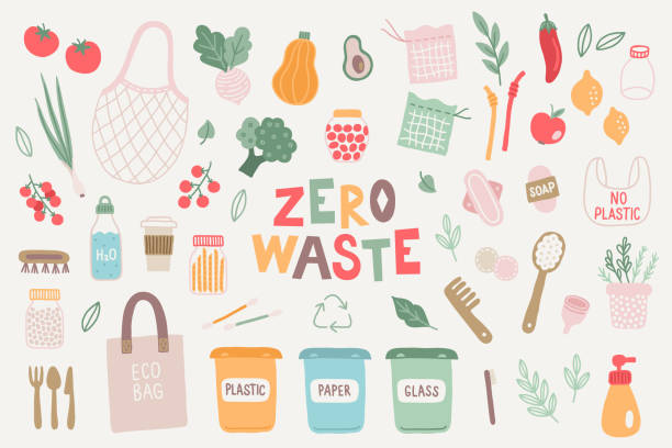 ilustrações de stock, clip art, desenhos animados e ícones de zero waste design elements - garbage container, jars, vegetables, menstrual cup - frasco comida biologica