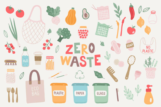 Zero waste design elements - garbage container, jars, vegetables, menstrual cup Zero waste design elements - garbage container, jars, vegetables, menstrual cup, leaves, tote bag, soap, ecology, brush, tomato, broccoli, pumpkin, radish, onion. Perfect for eco prints menstrual cups stock illustrations