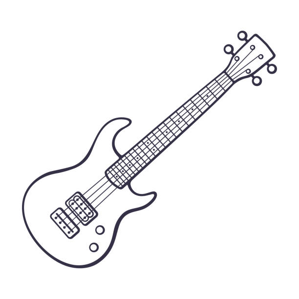 Doodle of rock electro or bass guitar Vector illustration. Hand drawn doodle of classical rock electro or bass guitar. String plucked musical instrument. Rock, blues, ska or jazz equipment. Cartoon sketch. Isolated on white background guitar drawings stock illustrations