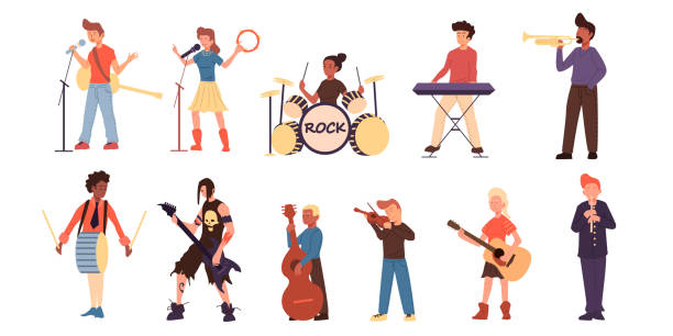 ilustrações, clipart, desenhos animados e ícones de desenhos animados adolescentes músicos diferentes set. isolado em branco. - guitar musical band popular music concert music