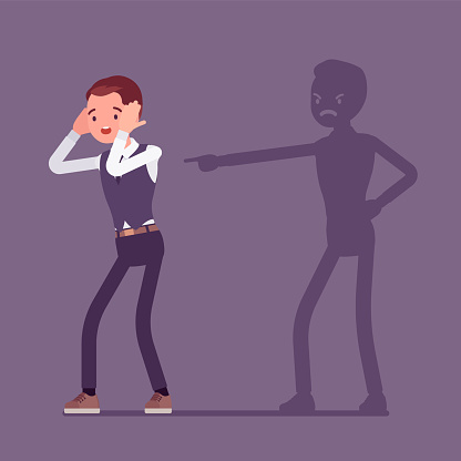 Self-blame emotions, guilt and self-disgust man. Stressful situation or depression, emotional abuse, shame, worry, unhappiness, responsible for a fault or wrong. Vector flat style cartoon illustration