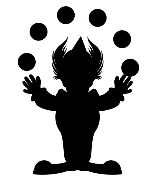 cartoon-silhouette eines clowns jonglieren bälle. - jester joker clown silhouette stock-grafiken, -clipart, -cartoons und -symbole