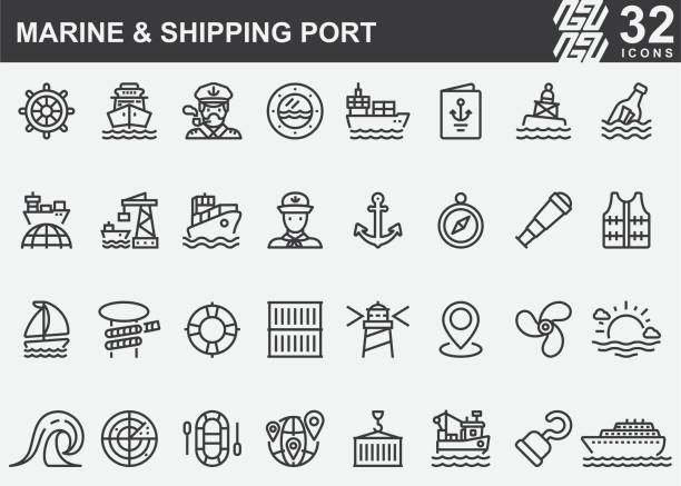 해양 및 해운 항만 선 아이콘 - sea freight transportation transportation shipping stock illustrations