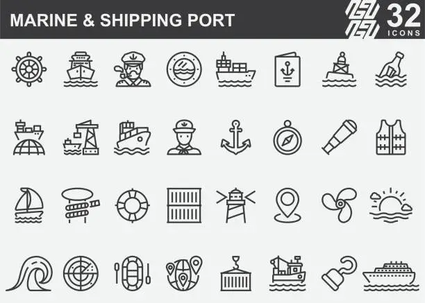 Vector illustration of Marine and Shipping Port Line Icons