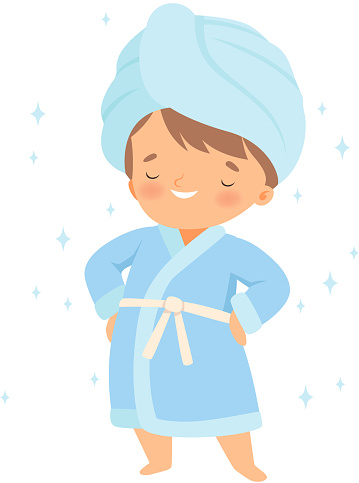 Little Boy Wearing Bathrobe Standing with Towel on His Head Vector Illustration. Daily Hygiene for Small Ones Concept