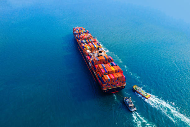 istock Aerial view of container cargo ship in sea. 1200071207