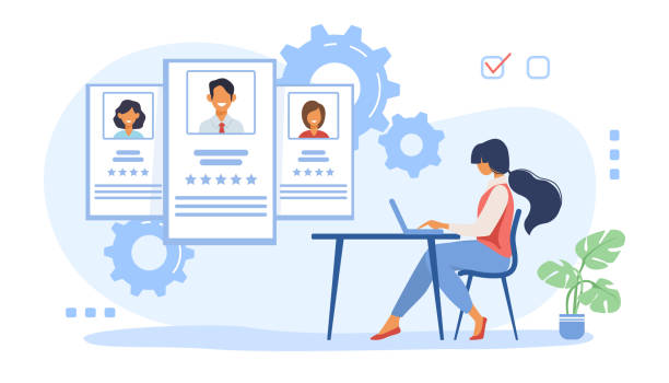 Recruit agent analyzing candidates Recruit agent analyzing candidates. HR manager studying employees profiles on internet flat vector illustration. Rate, staff, human resource concept for banner, website design or landing web page recruitment illustrations stock illustrations