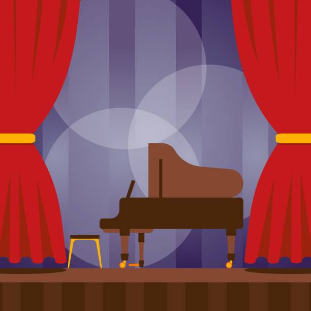istock Piano on stage, vector illustration. Musical concert performance, classical culture evening event. Music festival announcement poster, stage with piano ready for concert 1200074457