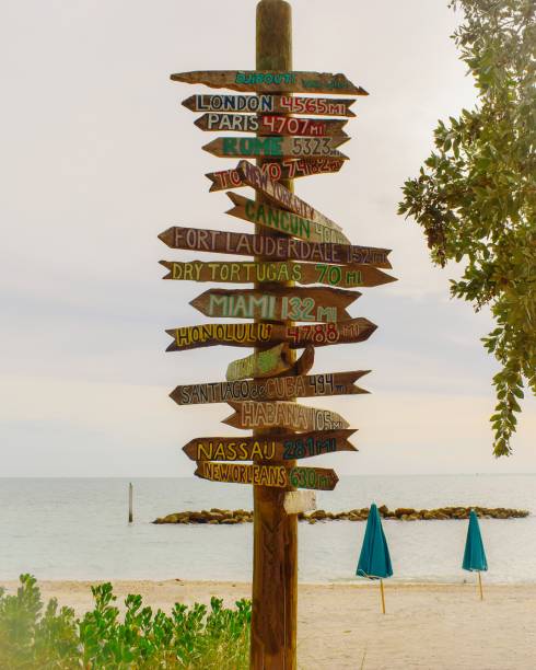 istock Directional Sign on Beach With Different Countries and Cities 1200078059