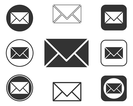 Mail post envelope icon shape set. Postage letter logo symbol. e-mail communication sign button collection. Vector illustration image pack. Isolated on white background.