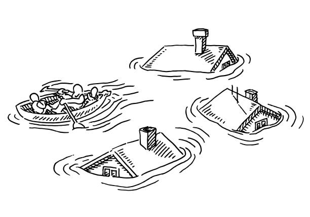 flut desaster haus dächer rettungsboot zeichnung - flood stock-grafiken, -clipart, -cartoons und -symbole