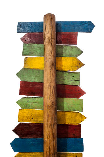 istock Multicolor pole guidepost with lots of destinations arrows 1200084103