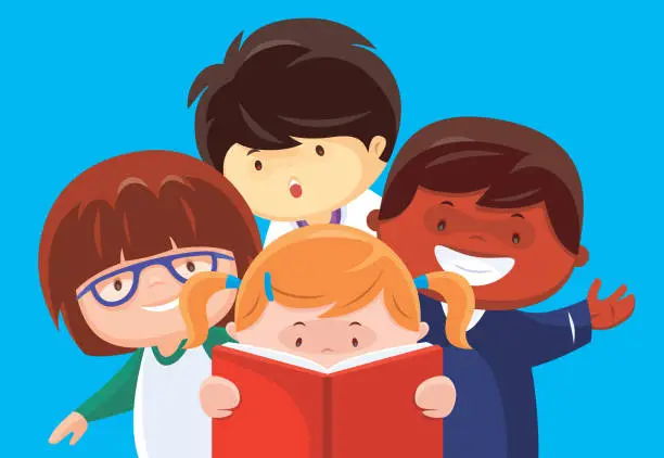 Vector illustration of four children reading book