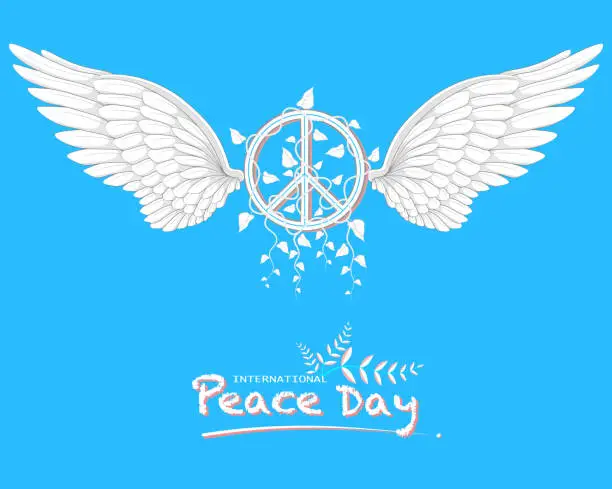 Vector illustration of Peace sign and pigeon wing on blue background.