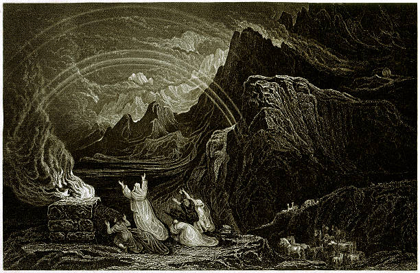 Noah's Sacrifice (Genesis 8, 20-22), steel engraving, published in 1836 Noah's Sacrifice (Genesis 8,20-22). Steel engraving, published in 1836. smoke signal stock illustrations