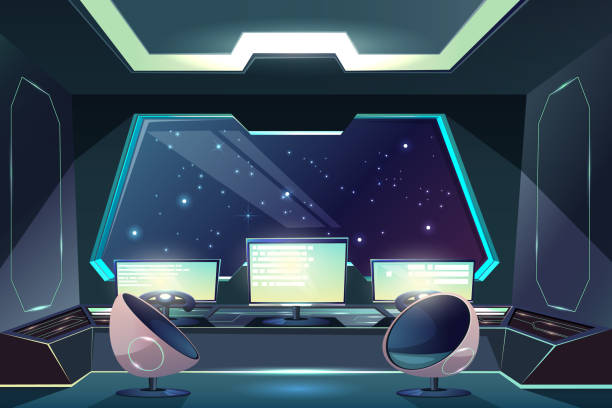 ilustrações de stock, clip art, desenhos animados e ícones de alien spaceship pilot control panel cartoon vector - vehicle interior indoors window chair