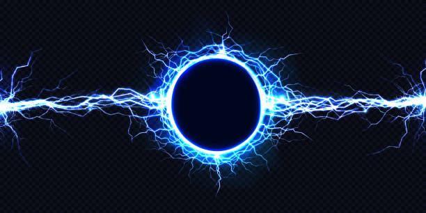 Electrical energy discharge 3d vector light effect Powerful electrical round discharge hitting from side to side realistic vector illustration isolated on black background. Blazing lightning circle strike in darkness Electric energy flash light effect electricity stock illustrations