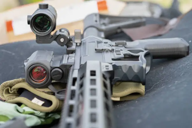 Photo of Modern AR15 rifle with a sight aim