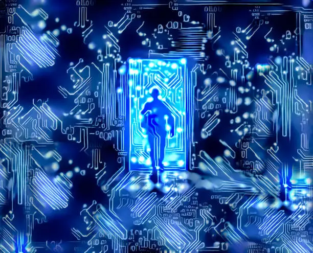Blue toned mysterious digital man walking through electronic door in between curcuits and matrix like streams