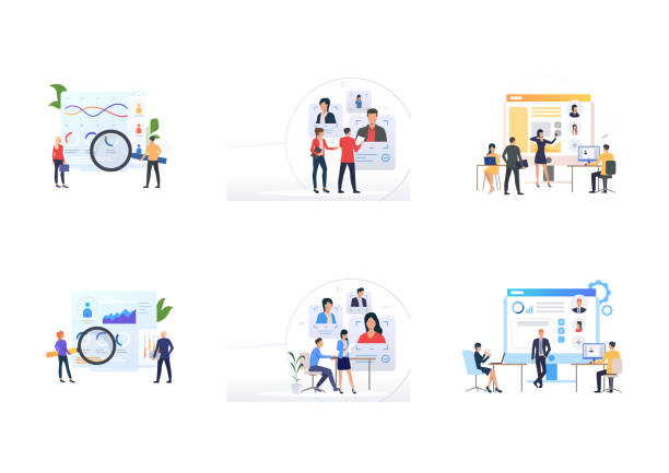 Team of recruiters set Team of recruiters set. Agents selecting employees with magnifying glass. Flat vector illustrations. Employment, recruiting, personnel selection concept for banner, website design or landing web page recruitment agency stock illustrations
