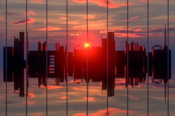 3D rendering of buildings, City Skyline and Reflections in Sunlight. Built Structure, Skyscraper, City Silhouette.