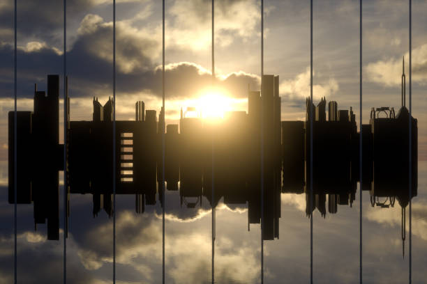 3D rendering of buildings, City Skyline and Reflections in Sunlight. Built Structure, Skyscraper, City Silhouette.