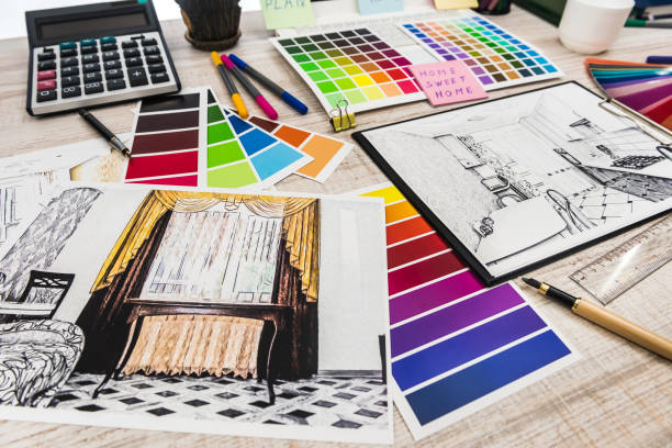 istock Interior design concept - apartment sketch with color palette and tools. 1200099504