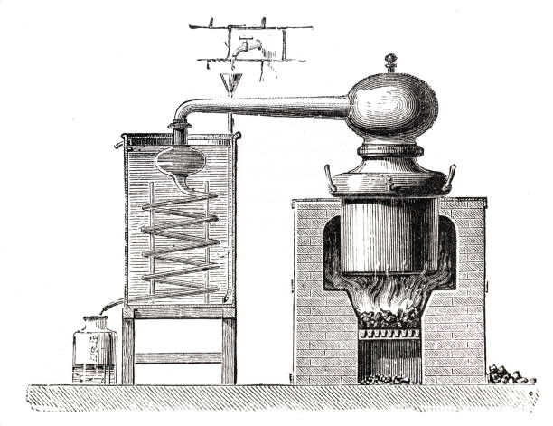 Illustrations Distillery schematic without index letters Distillery Engraving french textbook geology from 1887 distillation stock illustrations