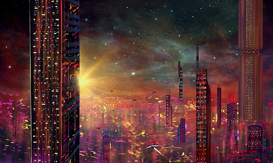 La nave espacial vuela por encima de la moderna ciudad de ciencia ficción colorida con cielo nocturno y estrellas al atardecer. Ilustración 3D photo