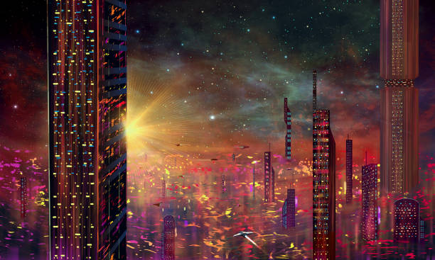 Spaceship fly above abstract modern sci-fi colorful city with night sky and stars at sunset. 3D illustration stock photo