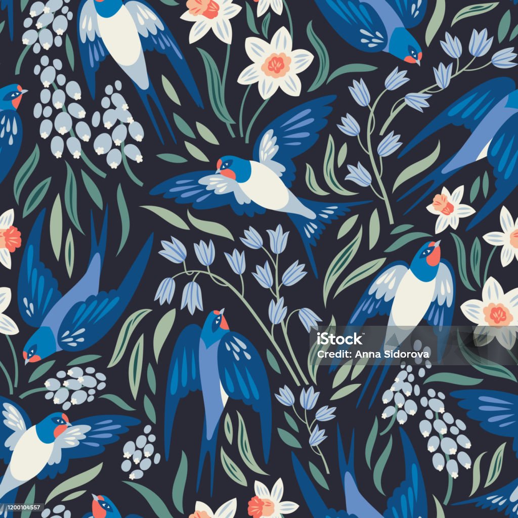 Vector seamless pattern Vector seamless pattern with flying swallows and spring flowers: narcissuses, hyacinths and muscari Bird stock vector
