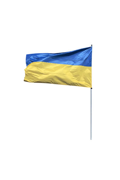 istock Ukrainian flag on a flagpole waving in the wind Isolated on a white background 1200106078