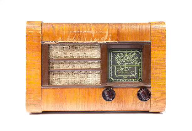 istock Old wooden radio isolated on white 120010759