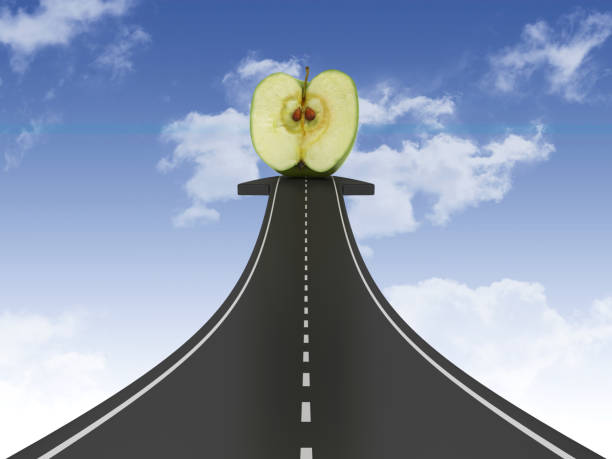 istock Road Arrow with Apple on Sky - 3D Rendering 1200108006