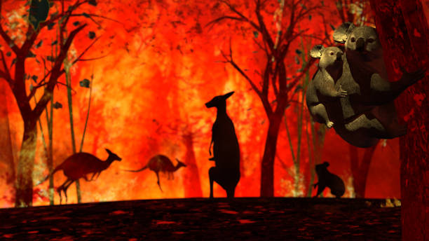 istock Forest in Australian forest. Foregroung a koala bear with her baby on tree, background kangaroos running around in panic 3d rendering 1200111131