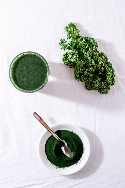 farbe grün spinat grünkohl apfel joghurt smoothie mit spirulina auf weißem hintergrund mit schatten - chlorophyll green smoothie smoothie vegetable stock-fotos und bilder