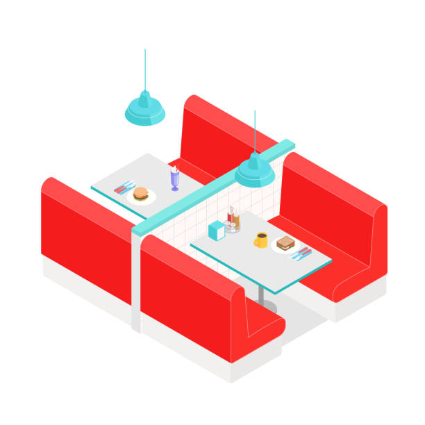 Colorful isometric diner Colorful isometric diner on white. Vector illustration in flat design, isolated. indoors bar restaurant sofa stock illustrations