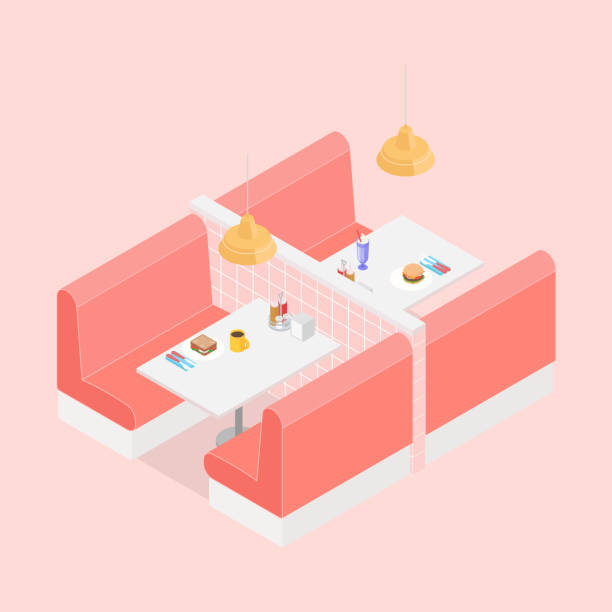 Colorful isometric diner Isometric diner in pink. Vector illustration in flat design, isolated. indoors bar restaurant sofa stock illustrations