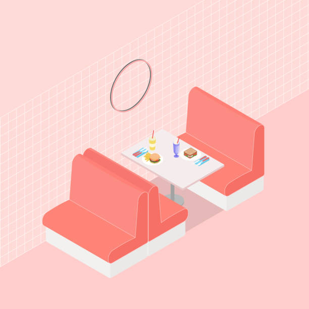 Colorful isometric diner Isometric diner in pink. Vector illustration in flat design, isolated. indoors bar restaurant sofa stock illustrations