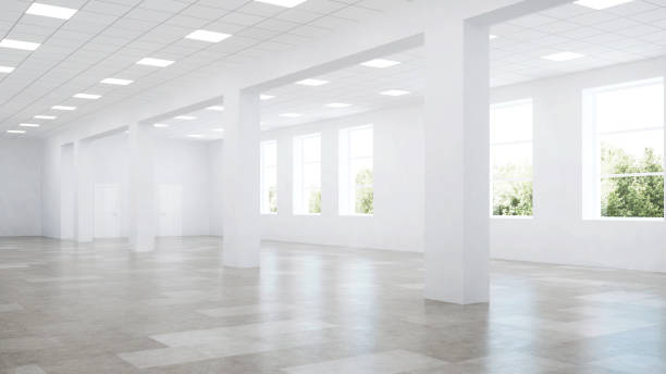 istock Interior of an empty commercial building with white walls. Office space. 3D rendering. 1200112733