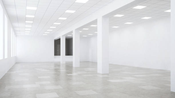 istock Interior of an empty commercial building with white walls. Office space. 3D rendering. 1200112734