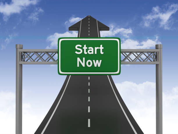 istock Road Arrow with START NOW Highway Sign on Sky - 3D Rendering 1200112777