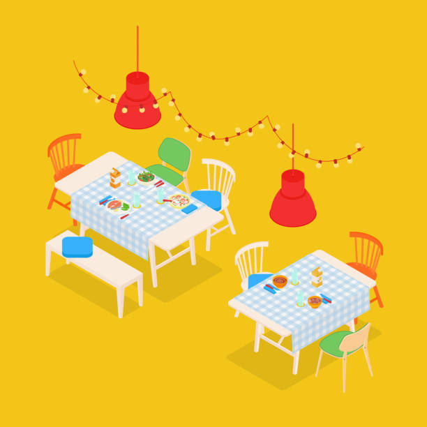 アイソメトリックモダンレストラン - dining table table cartoon dining点のイラスト素材／クリップアート素材／マンガ素材／アイコン素材