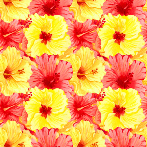 istock Watercolor seamless tropical floral pattern. Big yellow and red hibiscus flowers. Hand drawn watercolor seamless pattern with color tropical flowers. Sunny flowers. Adstrackt flowers. 1200114147