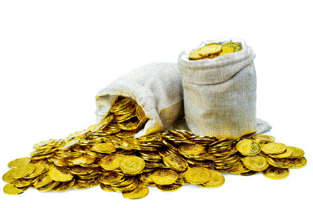 istock Stacking gold coin in treasure sack on white background, cache 1200116465
