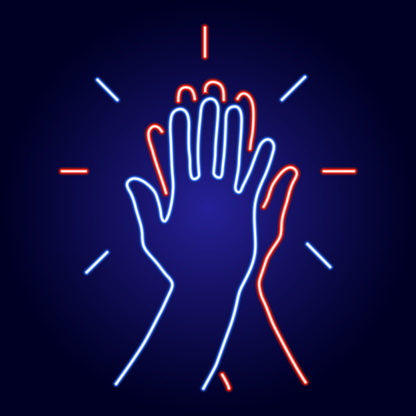 Informal greeting, two hands giving a high five, team result, friendly partners from glowing blue and red neon luminescence lines on classic blue dark background. Vector illustration.