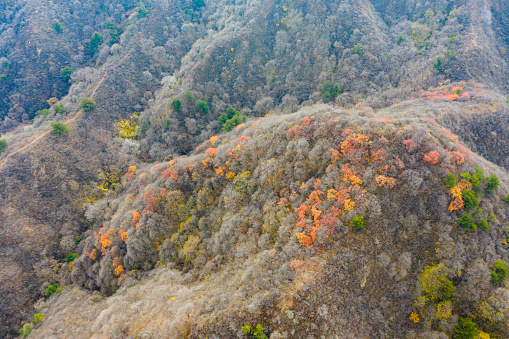 The drone overlooks the road in the mountains