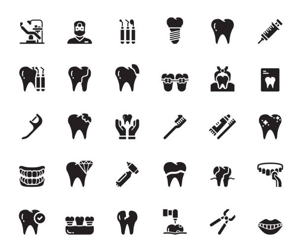 illustrazioni stock, clip art, cartoni animati e icone di tendenza di set semplice di icone vettoriali correlate all'odontoiatria. insieme symbol - laboratory dentures dental hygiene human teeth