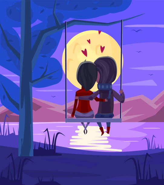 istock Two lovers sitting on a swing at sunset on the ocean. Modern design stylish illustration. Retro flat vector background. Valentines Day Card. 1200120625